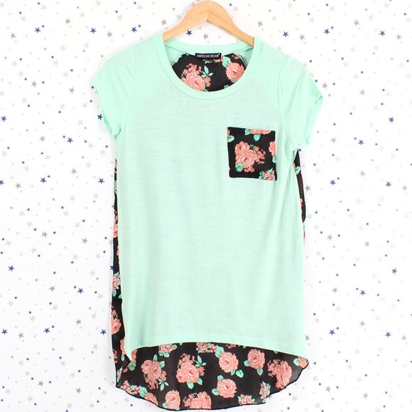 Floral Print Back Top Tee Mint Black - Picture 6 of 7